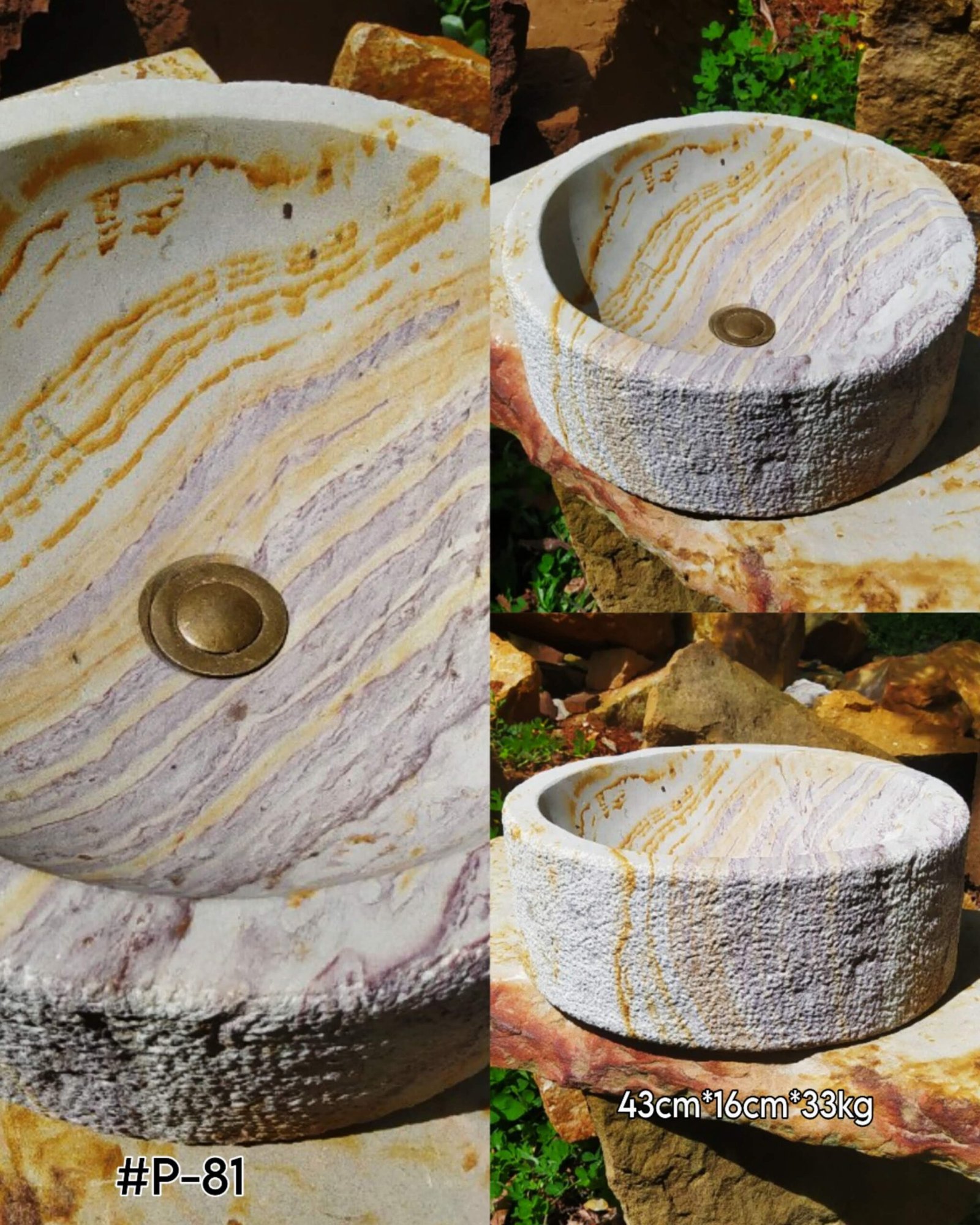 Lavamanos en piedra recto clasico, piedra arenisca color blanco ocre variable