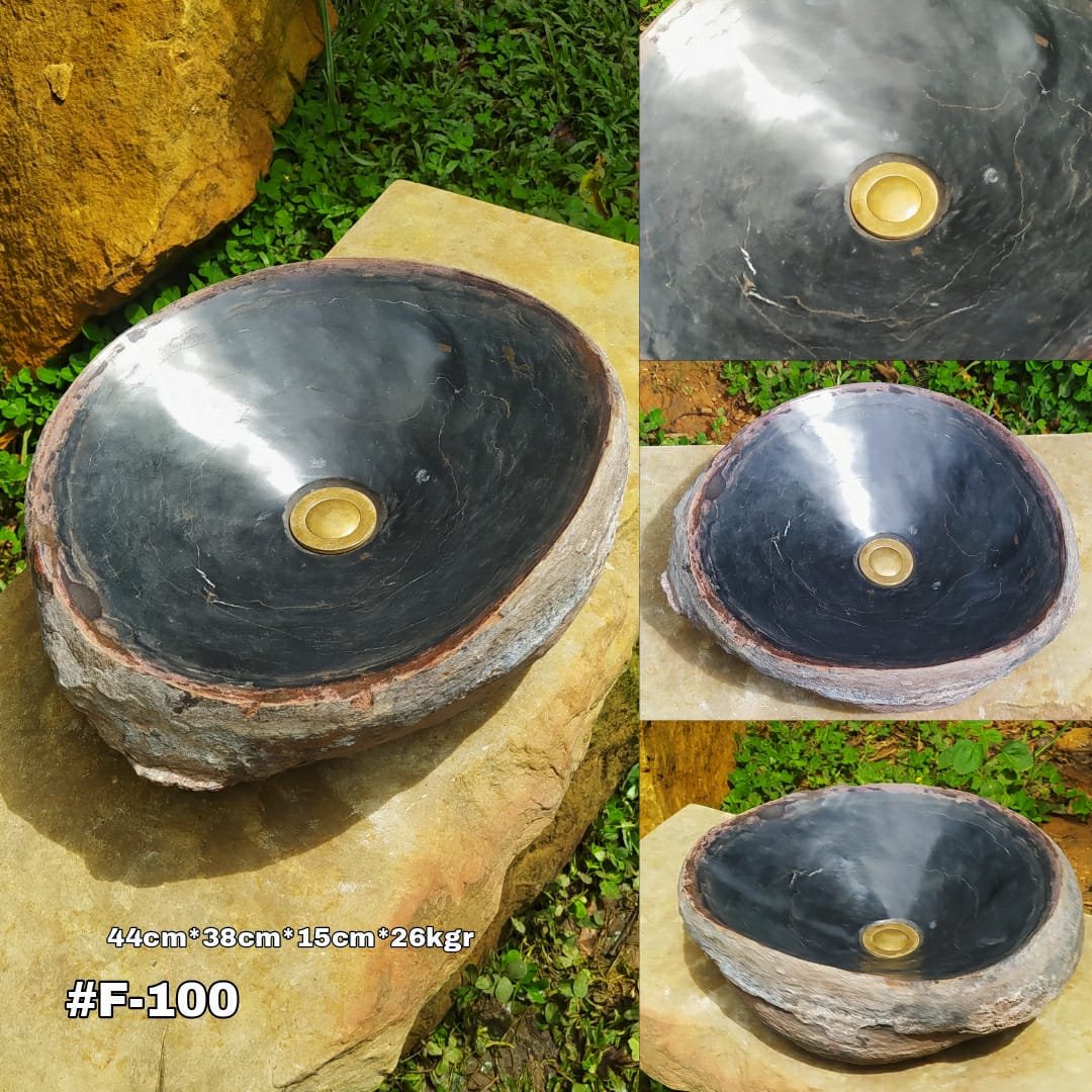 Lavamanos en piedra fosil, exterior rústico, color negro