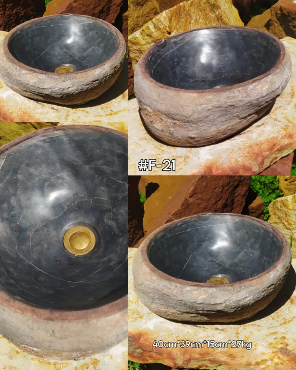 Lavamanos en piedra fósil, interior negro brillantes, exterior natural