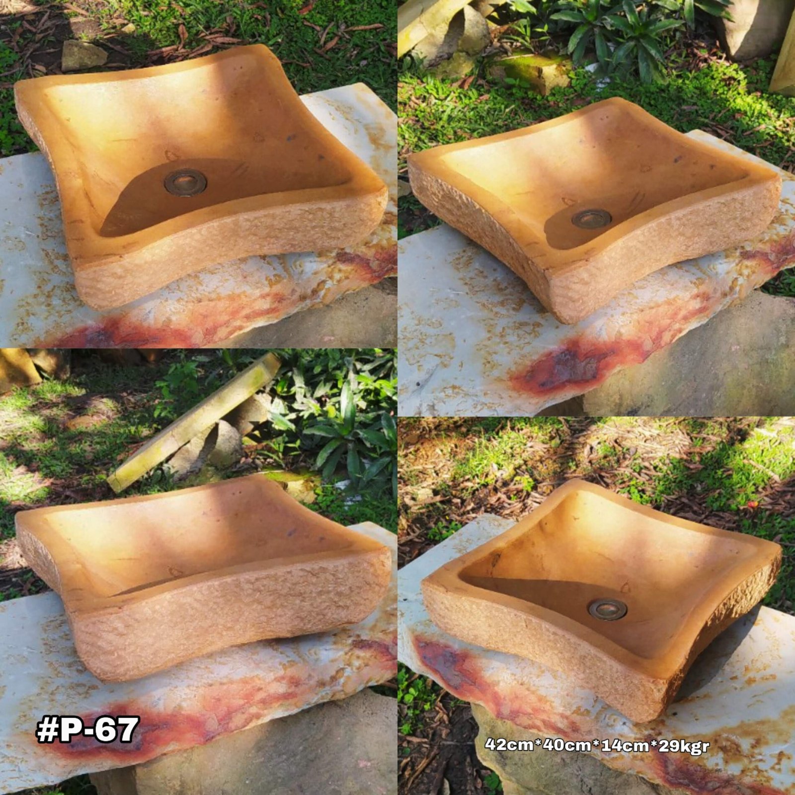 Lavamanos en piedra rectangular, hecho en piedra arenisca tonalidad ocre variable, diseño dinamico