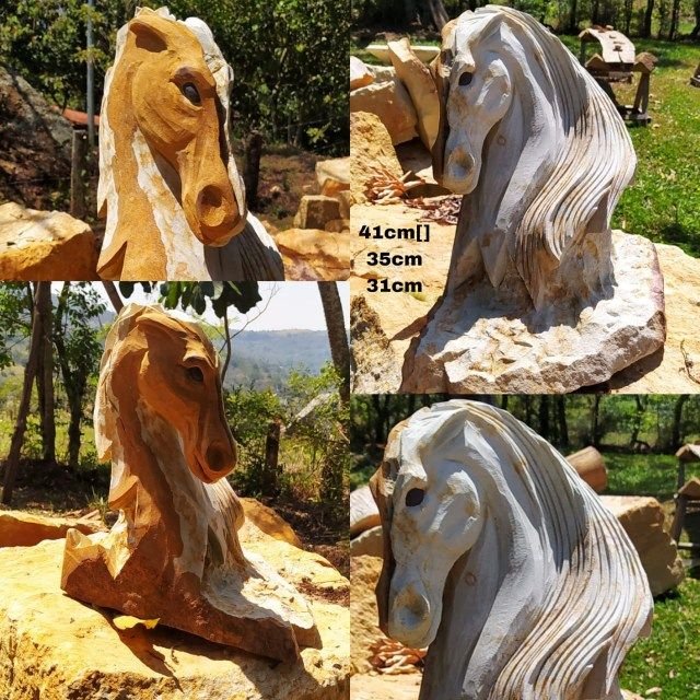 Escultura de caballo, hecha en piedra aresnica blanca veteada