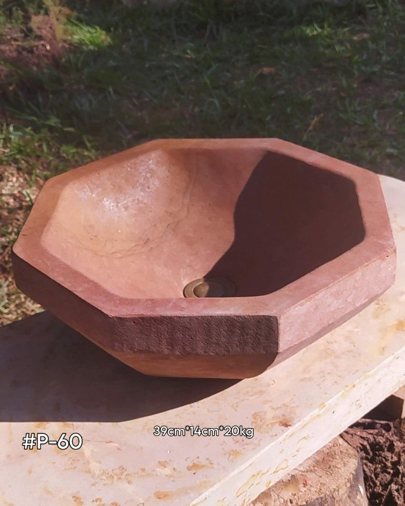 Lavamanos en piedra octogonal pulido, color terracota