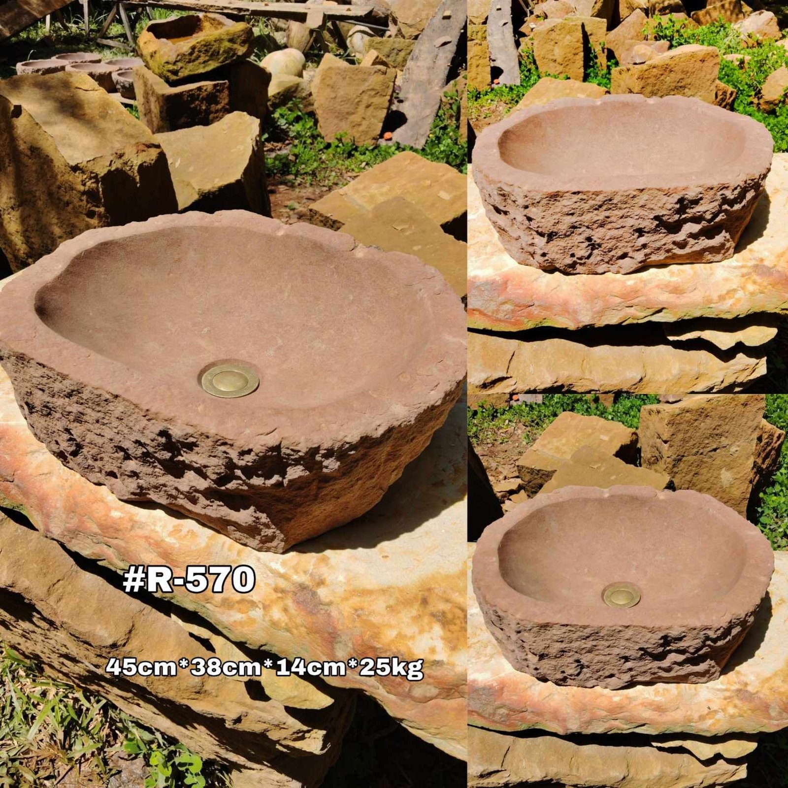 Lavamanos en piedra arenisca rojo ocre ovalado