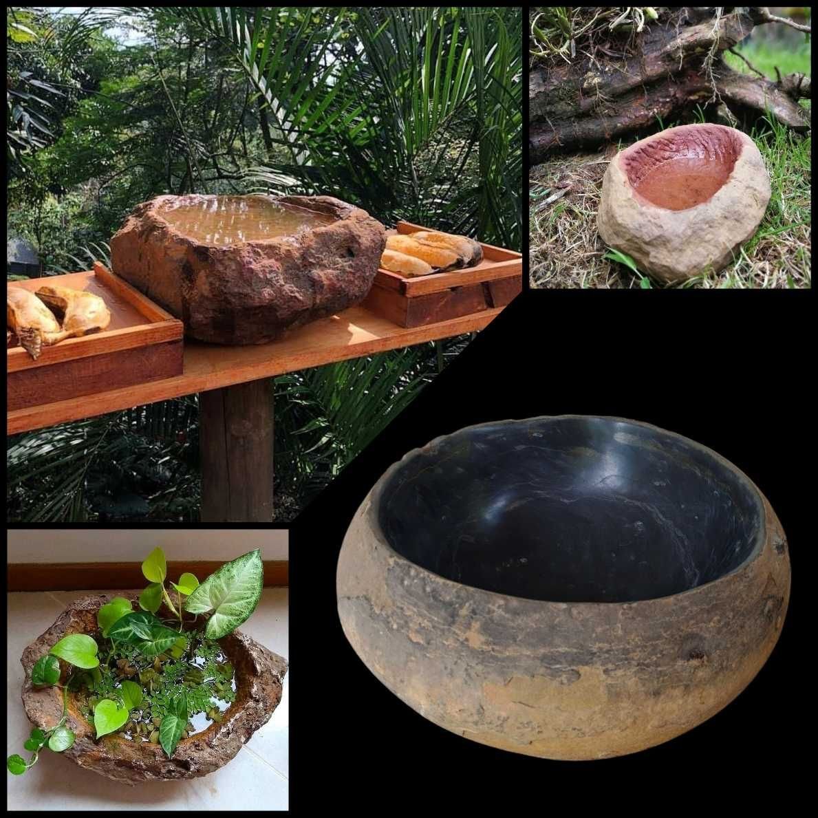 Pilas y materas rusticas en piedra aresnica Barichara y cuencos en piedra fosil.