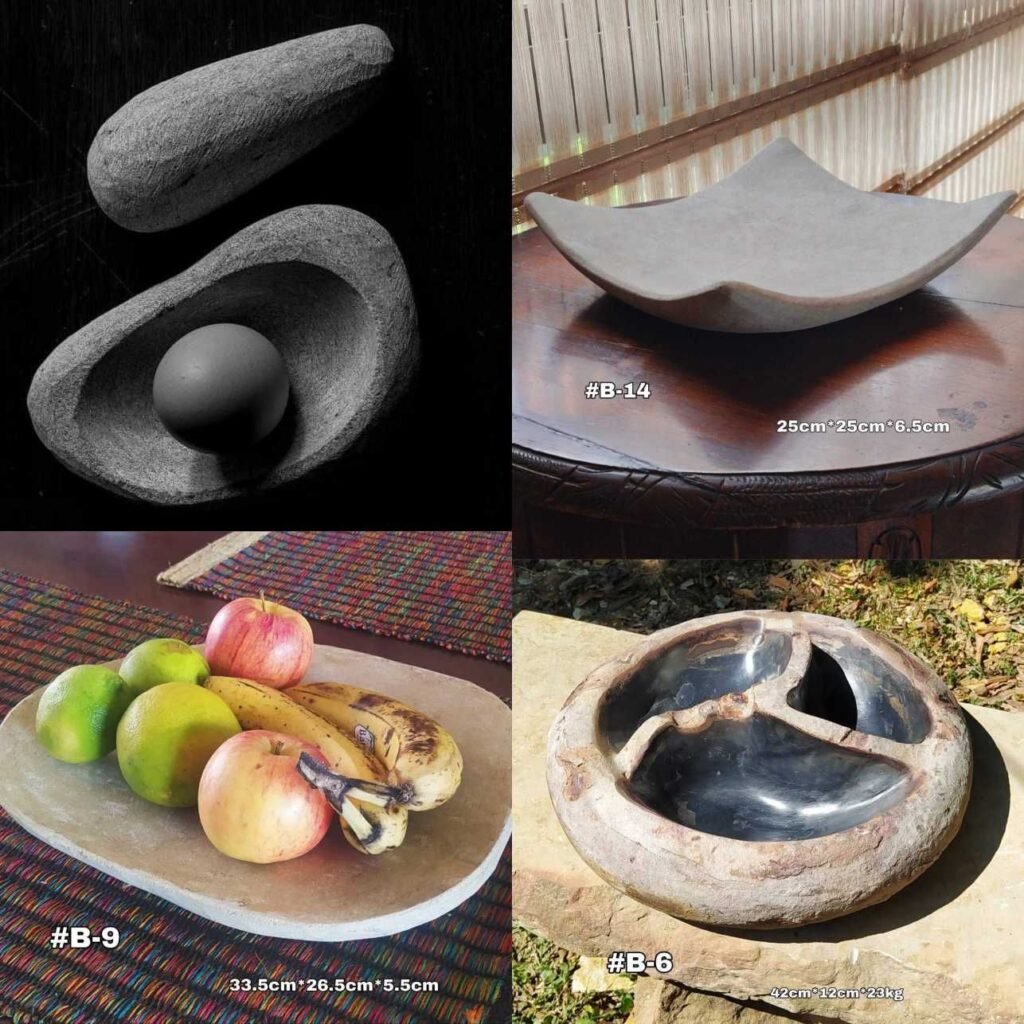 Bandejas platos y morteros en piedra arenisca Barichara y piedra fósil